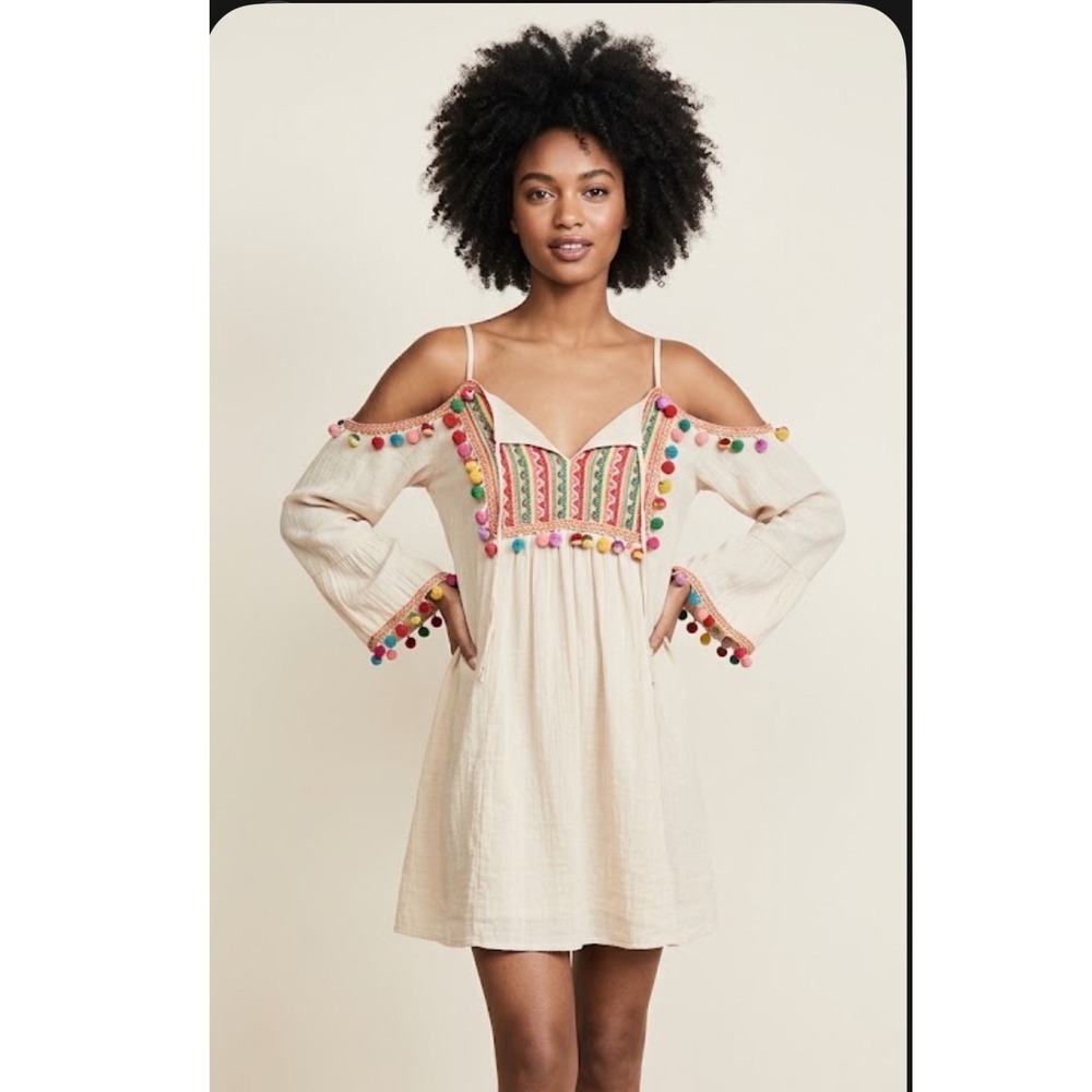 Velzera | NWT Embroidered Cold Shoulder Boho Rainbow Pom Pom Mini Dress, Size M